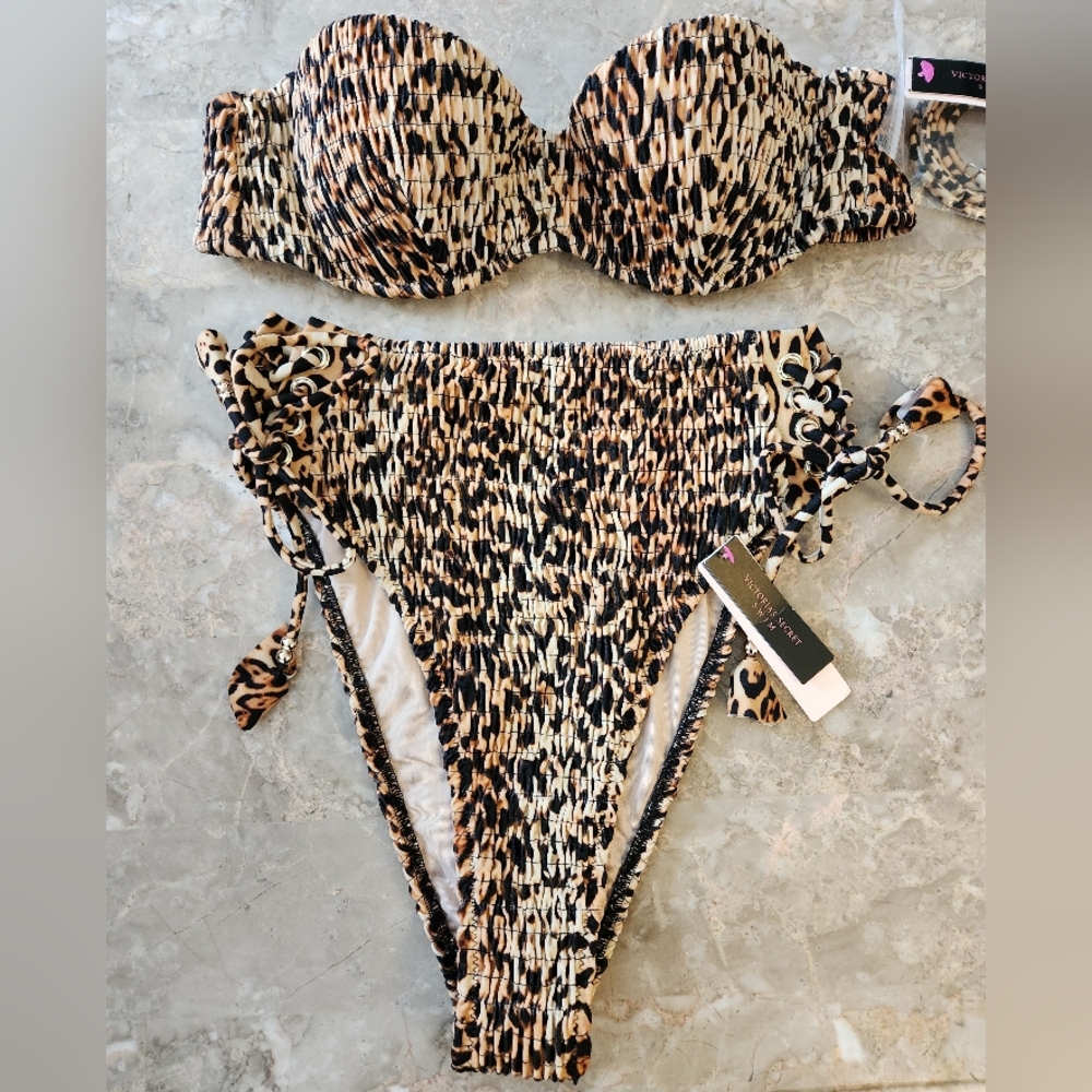 32A/XS VS Swim Smocked Bandeau Bikini Top High Waist Cheeky Bikini Set Leopard